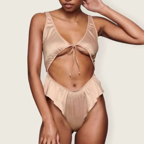 SKIMS Pink Sand Woven Tie Front Shine Teddy Sz XL NWT - Picture 13 of 14